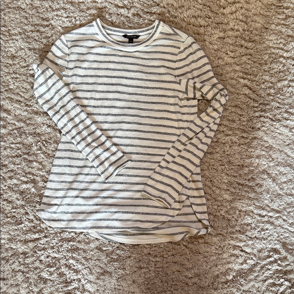 Banana Republic Gray and Creamy White Striped Long Sleeve Tee